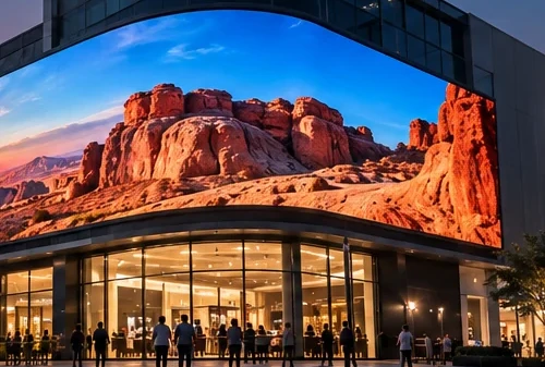 Illustrative LED media facade on city building